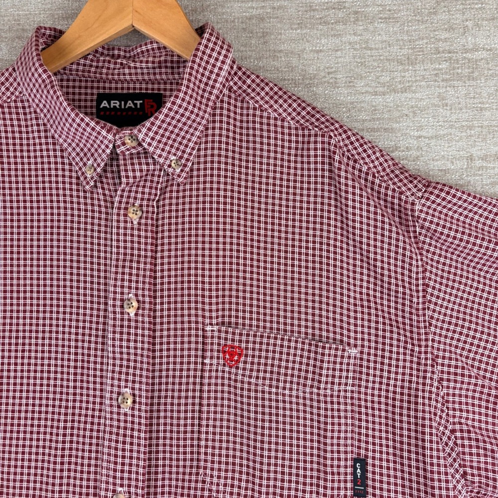 Ariat MNS FR WORK SHIRT Mens XXL-TALL Wine Red Plaid CAT EUC Western Rugged USA